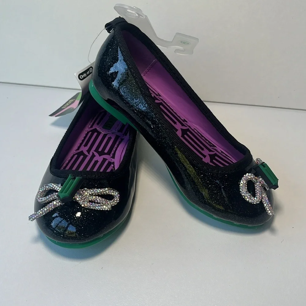 Wicked Black + Purple Ballet Flats Girls Size 9 with faux diamond bow +logo